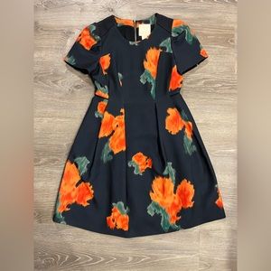 Navy Blue Orange Floral A-Line Dress